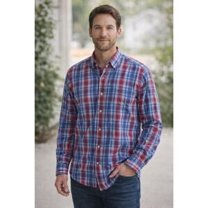 Henry Cottons Plaid Button Down Shirt Mens Large EU 41 Red Blue Casual European